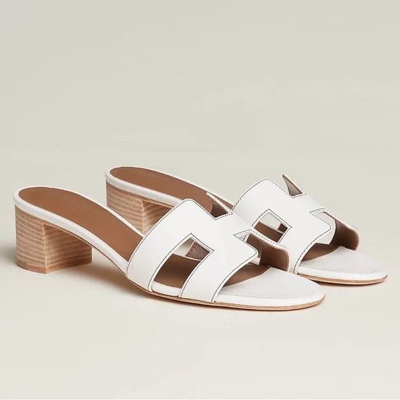 Hermes Oasis White Block Heel Sandals Sz 5 leather open toe - Picture 1 of 10